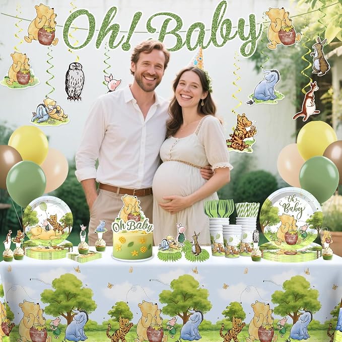 Xynic 193pcs Classic Bear Baby Shower Decorations Complete Party Set for 25 Guests, Classic Pooh Disposable Plates, Napkins, Banner, Tablecloths, for Vintage Bear Baby Shower Decorations for Girl Boy