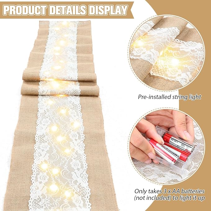 Xinnun 6 Pack Burlap Table Runner with Warm LED Lights,Rustic Lace Wedding Table Decor,Boho Farmhouse Jute Runner for Reception Bridal Shower Party(Romantic,12x70 Inches)