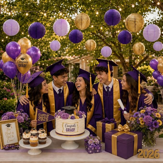 Paper Lanterns Decorative, Round Hanging Lanterns Party Supplies for Graduation Bachelorette Gender Neutral Baby Shower Birthday Party Decorations Purple/Lavender/Gold 21pcs