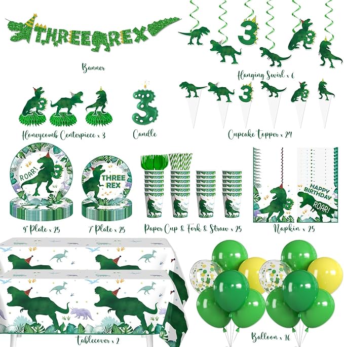 Xynic 209Pcs Three Rex Birthday Decorations Boy, All-in-One Party Supplies Includes Banner, Candle, Balloons, Plates and Napkins, Easy Setup Dinosaur 3rd Birthday, Serves 25