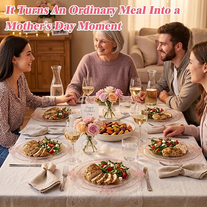102PCS Rose Gold Plastic Plates - Clear Rose Gold Plate - Heavy Duty Disposable Plates - Fancy Disposable Dinner & Dessert Plate for 51 Guests for Party & Wedding & Mother's Day