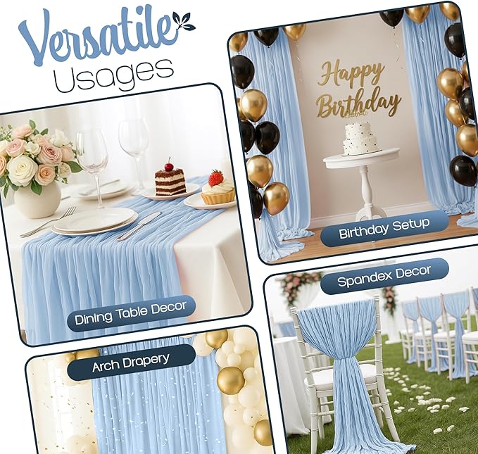 12 Pack Dusty Blue Cheesecloth Table Runners 10FT Long – 35 x 120 Inch Boho Gauze Table Runners for Engagement, Wedding, Baby Shower & Home Decor – Soft Wrinkled Polyester Fabric