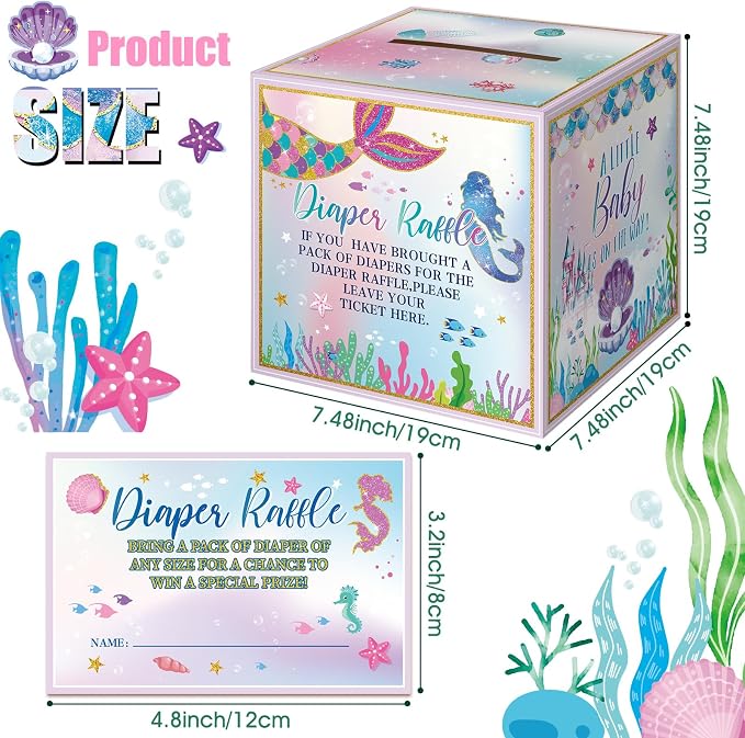 Teling 51 Pieces Diaper Raffle Tickets with Card Box Baby Shower Decorations Baby Shower Holder Box for Girl Boy Diaper Raffle Party(Mermaid)