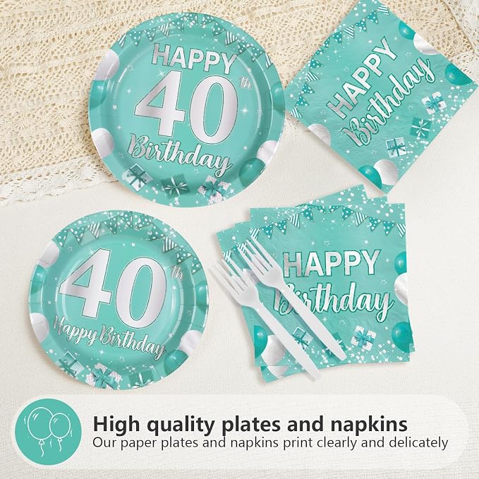 96Pcs Teal 40th Birthday Party Decorations Teal and Silver Plates and Napkins Tableware Sets Forty Party Decorations for Women 40 Years old Birthday Supplies Serves 24