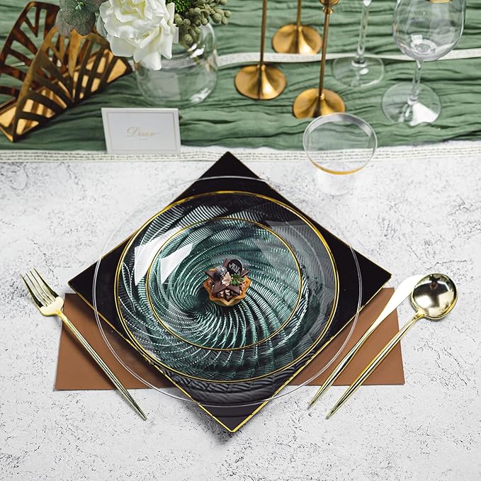 N9R 180 PCS Disposable Dinnerware Set with Gold Rim for 30 Guests,Green Plastic Plates Include 30 Dinner Plate, 30 Dessert Plates, 30 Cups, 90 Heavy Duty Gold Plastic Silverware for Party & Wedding