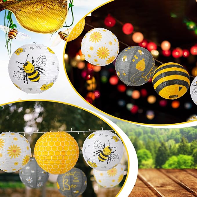 Panelee 12 Pcs Bee Party Decorations Paper Lanterns 8 Inch Hanging Round Hanging Paper Party Decorations for Holiday Indoor Outdoor Supplies