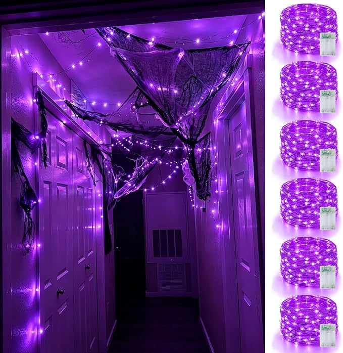 YEGUO Fairy Lights Battery Operated, 6 Packs Each 16ft 50 LED String Lights, 2 Modes Silver Wire Christmas Twinkle Light Indoor for Halloween Bedroom Wedding Party Holiday Gift(Purple)