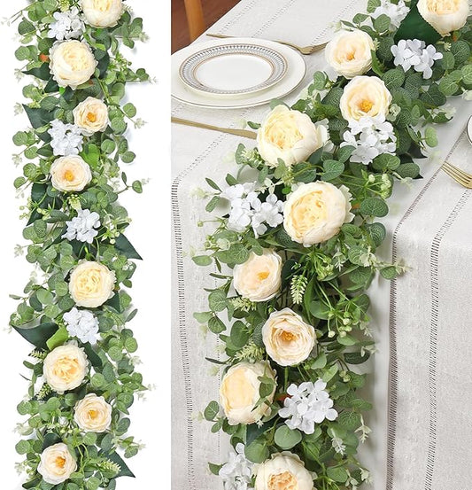 Betylifoy 2 Pack 12Ft Champagne Flower Garland Artificial Eucalyptus Flower Garlands Fake Peony Rose Floral Vines Hanging Hydrangea Flowers Faux Greenery Garland for Wedding Party Table Backdrop Decor