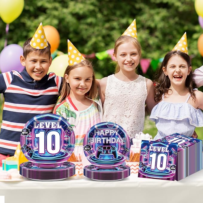 96Pcs 10th Birthday Video Game Party Decorations 10 Years Old Themed Tableware Purple Blue Plates Napkins Forks Level 10 Dinnerware Party Supplies for Kids Boys Gamer Gaming Birthday Serves 24 Guests