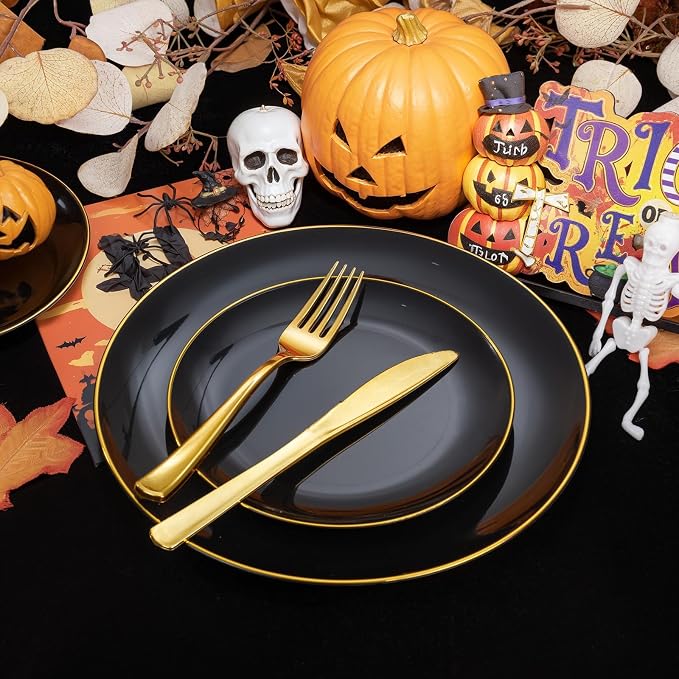 WDF 150PCS Black Plastic Plates - Black and Gold Plates Disposable - 25 Guest Disposable Dinnerware Sets for Party/Wedding/Halloween