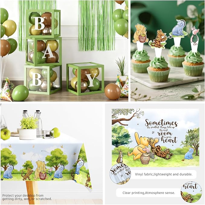 280pcs Classic Bear Baby Shower Decorations Complete Party Set, for 25 Guests, Vintage Bear Baby Shower Decorations, includes Balloon Arch, Backdrop, Tableware Set, for Pooh Bear Party