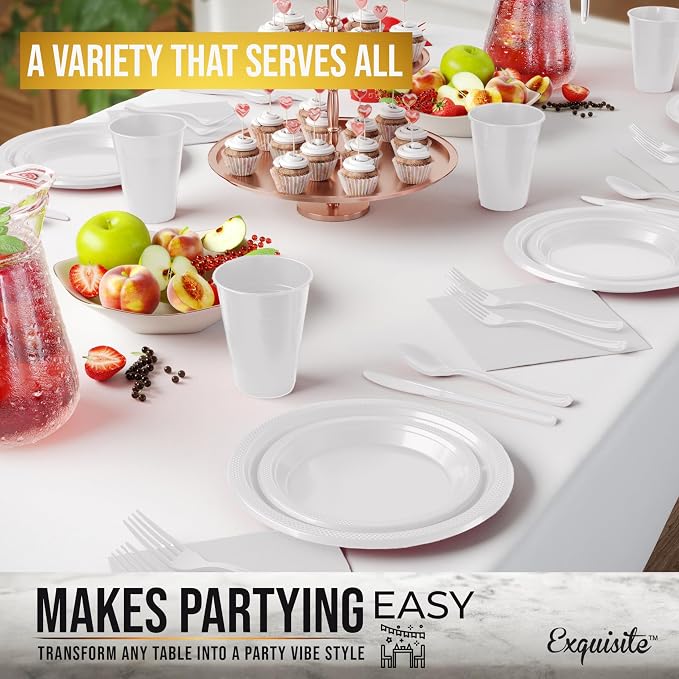 Party Solids 350 Pieces White Plastic Plates For Party, White Disposable Plates Set, 50 Of Each 9" Dinner Plate Set, 7" Dessert Plate, Cups, Napkins & Cutlery Plastic Dinnerware Set