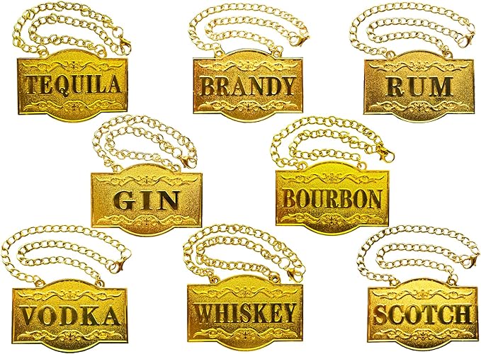 Decanter Tags - Liquor Tags (Set of 8, Golden Colour) Liquor Decanter Label:Gin, Vodka, Bourbon, Whiskey, Brandy, Rum, Scotch, Tequila - Tags for Liquor bottle, Adjustable Chain, 2.36 x 1.57 inches