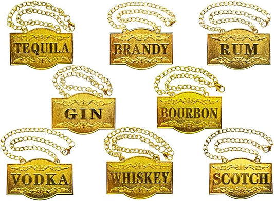 Decanter Tags - Liquor Tags (Set of 8, Golden Colour) Liquor Decanter Label:Gin, Vodka, Bourbon, Whiskey, Brandy, Rum, Scotch, Tequila - Tags for Liquor bottle, Adjustable Chain, 2.36 x 1.57 inches
