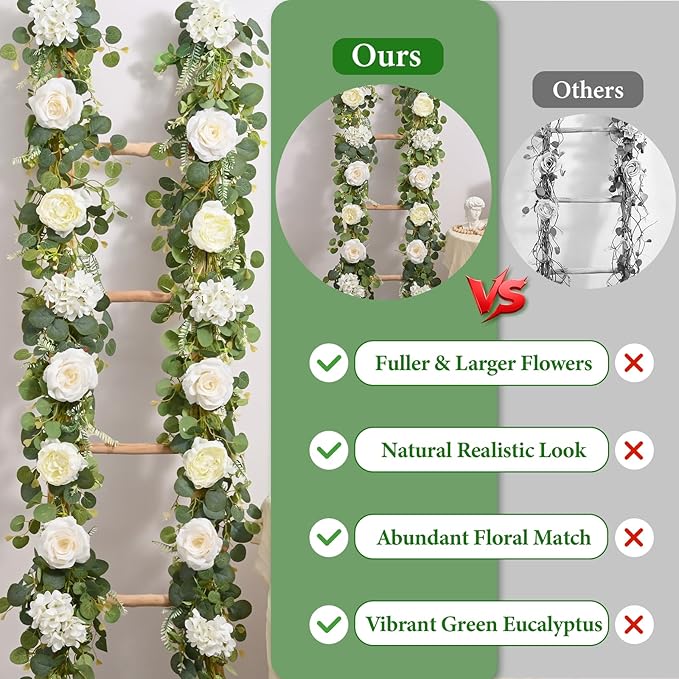 Livole 6 FT Artificial Flower Garland Real Touch Fake White Floral Rose Peony Garland with Eucalyptus Flower Hanging Vine for Wedding Table Centerpieces Backdrop Party Arch Home Decorations