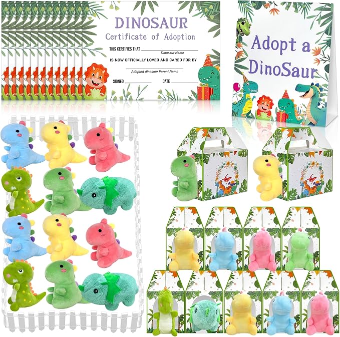38 Pcs Adopt a Dinosaur Pet Party Favors Include 12 Mini Dinosaur Stuffed Animals 12 Foldable Boxes 12 Adopt Dinosaur Cards 1 Adopt Sign 1 Adopt Fence for Adopt a Pet Party (Plush)