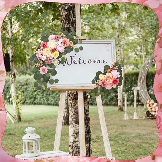 2 Pcs Wedding Arch Decorations - Reusable Artificial Hanging Flowers Floral Swag Greenery Garland for Wedding Welcome Sign Backdrop Bridal Ceremony Reception Backdrop Decoration(Green+Pink)