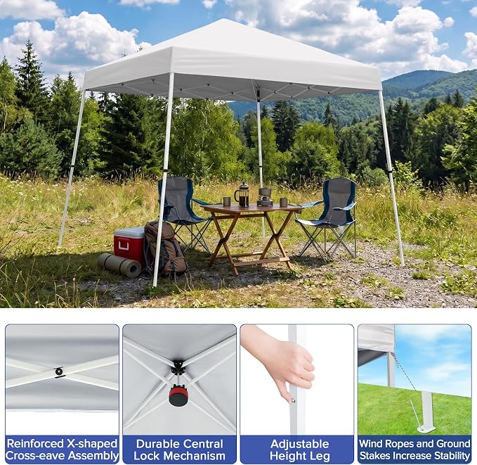 10x10 Pop Up Canopy Tent with Carry Bag, Slant Leg Instant Shade Shelter for Outdoor Events, Camping, Sports, Parties, White