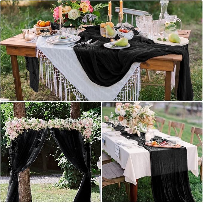 8 Pack Black Cheesecloth Table Runner 10Ft Gauze Cheese Cloth Table Runner 35x120Inch Romantic Boho Table Runners for Wedding Birthday Party Bridal Baby Shower Engagement Halloween Holiday Table Decor