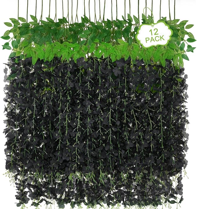 12Pcs Artificial Wisteria Hanging Flowers, 3.6Ft/Pcs Black Fake Wisteria Garland for Wedding Party Home Garden Indoor Outdoor Decoration