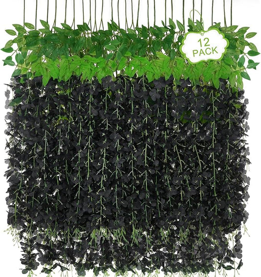 12Pcs Artificial Wisteria Hanging Flowers, 3.6Ft/Pcs Black Fake Wisteria Garland for Wedding Party Home Garden Indoor Outdoor Decoration