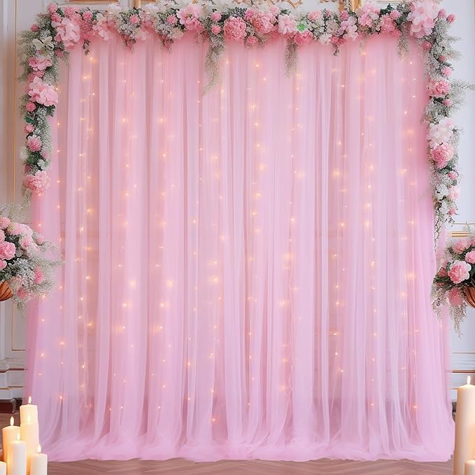 10x10ft Pink Tulle Backdrop Curtain with Lights String for Parites, Sheer Backdrop Drapes for Baby Shower Wedding Birthday Party Photo Shoot Decorations