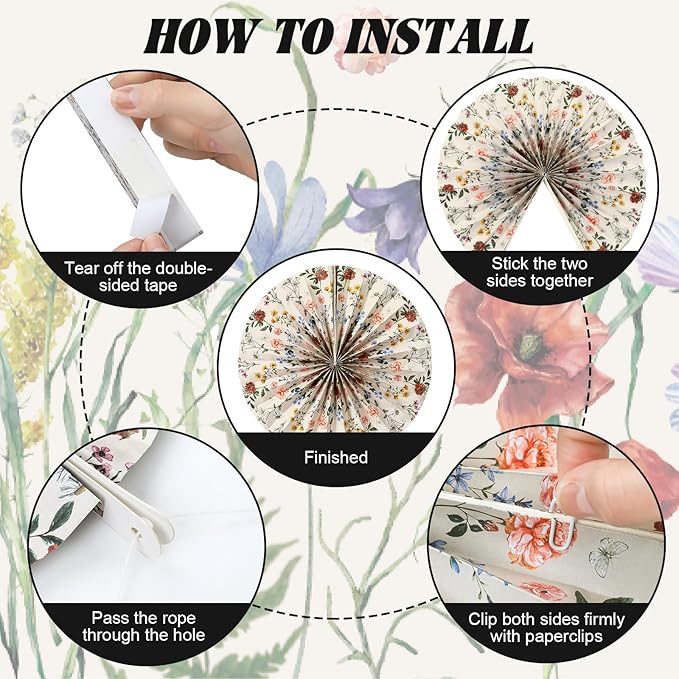 Feifeiya 12 Pcs Watercolor Floral Hanging Paper Fans 8'' 12'' 16'' Wildflower Paper Fans Set Hanging Flowers Ornaments for Spring Summer Wedding Birthday Garden Tea Party Decoration