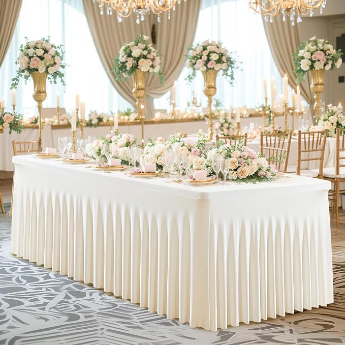 6 Pack Ivory Table Cloth for 8 Foot Rectangle Tables Spandex Fitted Tablecloth 8ft Stretch Table Covers Skirt Ivory Banquet Tablecloths Wrinkle Free Tablecloth for Party Wedding Birthday Event
