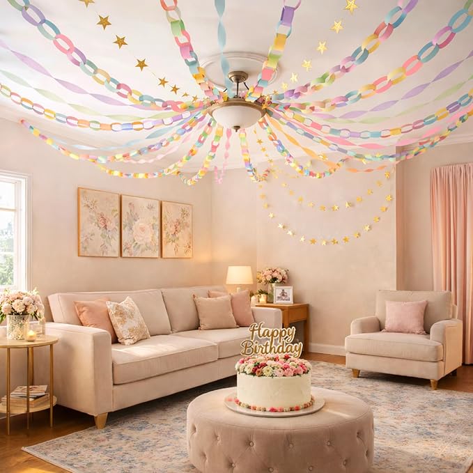 Gleebixi Pastel Birthday Party Decorations Kit with 492ft Crepe Paper Streamers, 300 Sheets Paper Chain Strips and 78.6ft Gold Star Garland for Hanging Decor