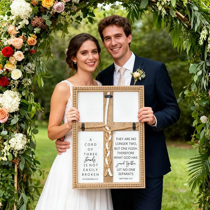 Farmhouse A Cord of Three Strands Wedding Ceremony Sign with Wooden Bead and Hanging Hook, Vintage Rustic Wood Unity Cross for Wedding Ceremony, 11 X 15 Religious Christian Wall Decor Gift for Couple