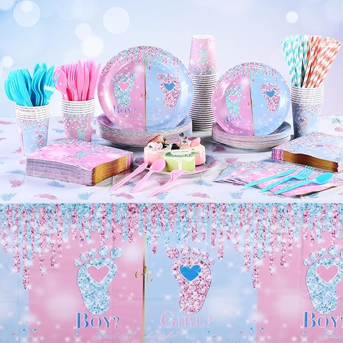 Funnymoom 452 Pcs Gender Reveal Party Decoration for 50 Guests, Boy or Girl Paper Plates and Napkins Cups Tablecloth Cutlery Disposable Tableware Set for Gender Reveal Party Supplies