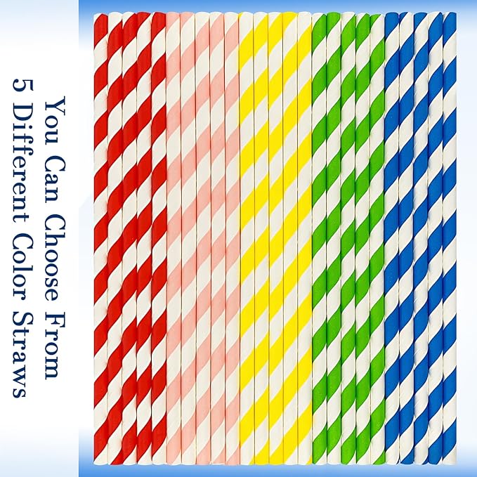 100PCS Biodegradable Paper Straws Bulk, Assorted Rainbow Colors Striped Drinking Straws for Juice, shakes, Cocktail, Coffee,Soda, Milkshakes, Smoothies,Celebration Parties and Arts Crafts Projects