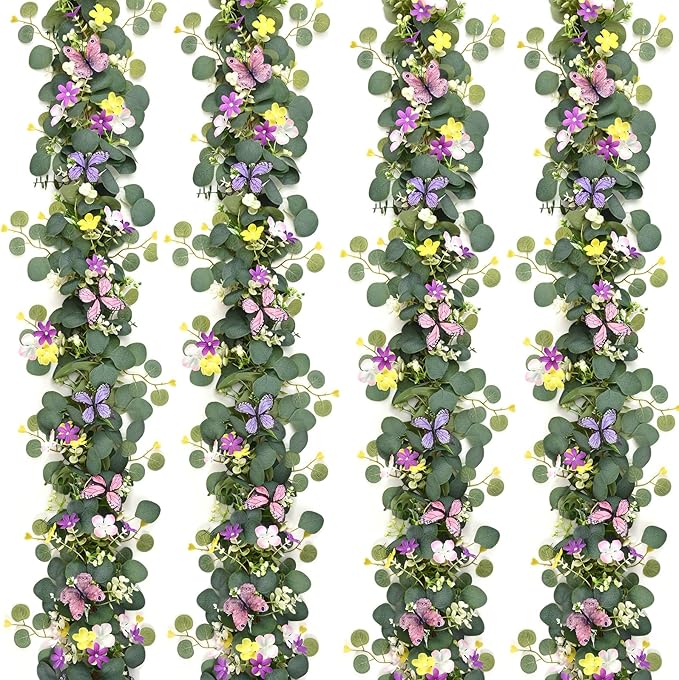 Waipfaru 4Pcs Eucalyptus Garland with Daisy 3D Butterfly, Green Garland with Flowers, 5.9FT Artificial Faux Eucalyptus Leaves Vines for Table Mantle Home Wedding Party Indoor Outdoor Decor