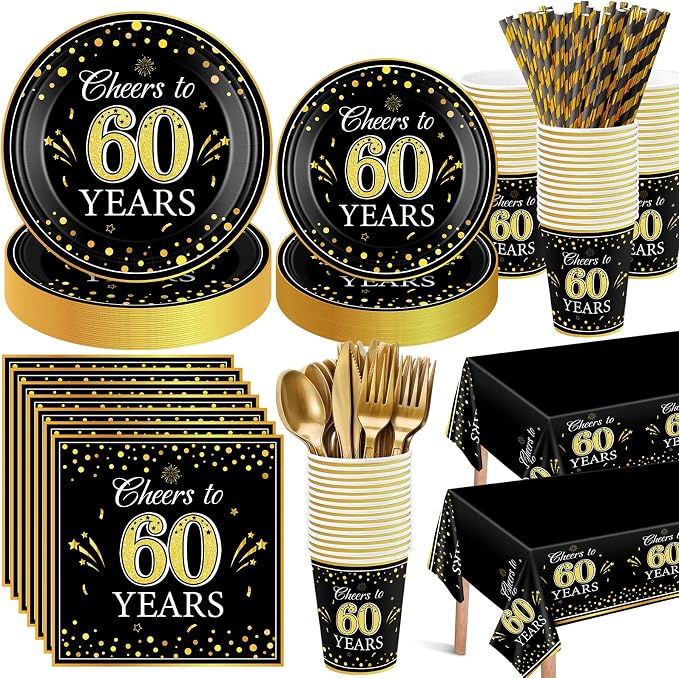 Funnymoom 452 Pcs 60th Anniversary Party Decorations, Cheers to 60 Years Paper Plates Napkins Cups Tablecloth Cutlery Straws Disposable Tableware Set for 60th Birthday Party Supplies for 50 Guests