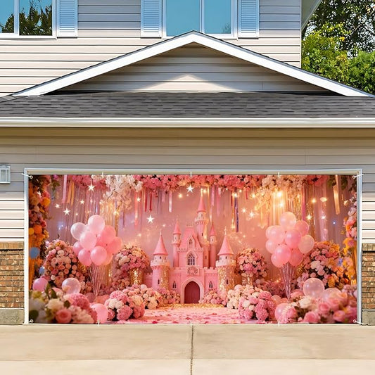 Valentine‘s Day Romantic Floral Garage Door Banner 7x16ft Waterproof -Pink Balloon Backdrop for Mother's Day, Wedding & Anniversary,Photo Booth Background Wall Decor