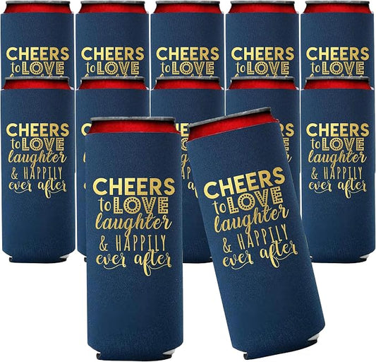 Wedding Can Cooler Decorations Set of 12 - Cheers to Love Laughter and Happily Ever After, Wedding Rehearsal Dinner Decorations - Bridal Showers, Engagement Party Favors for Guests and Supplies