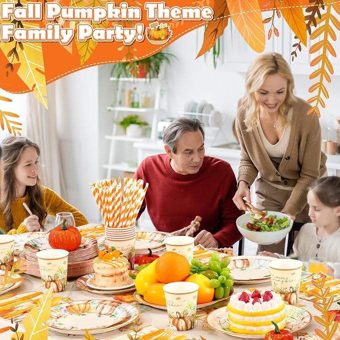 Funnymoom 452 Pcs Hello Pumpkin Thanksgiving Fall Party Supplies for 50, Thanksgiving Pumpkins Paper Plates Napkins Cups Tablecloth Cutlery Straws for Autumn Harvest Birthday Baby Shower Decorations