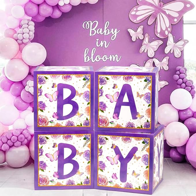 Voircoloria Baby Boxes with Letters and Butterfly Balloons for Gender Reveal Decoration (Purple)