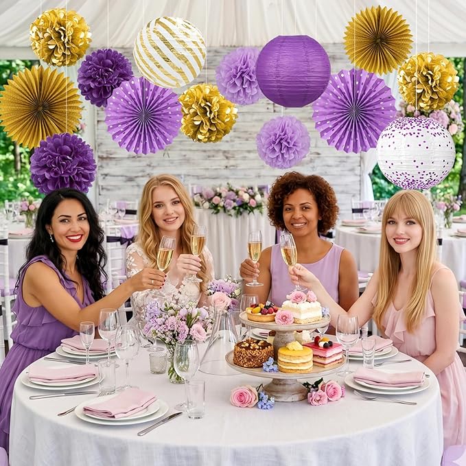 ADLKGG Purple Gold Party Decorations, 14 Pcs Hanging Paper Fans, Lanterns, Pom Poms, Elegant Backdrop for Graduation Party, Rapunzel Theme, Birthday, Baby Shower, Bridal Shower