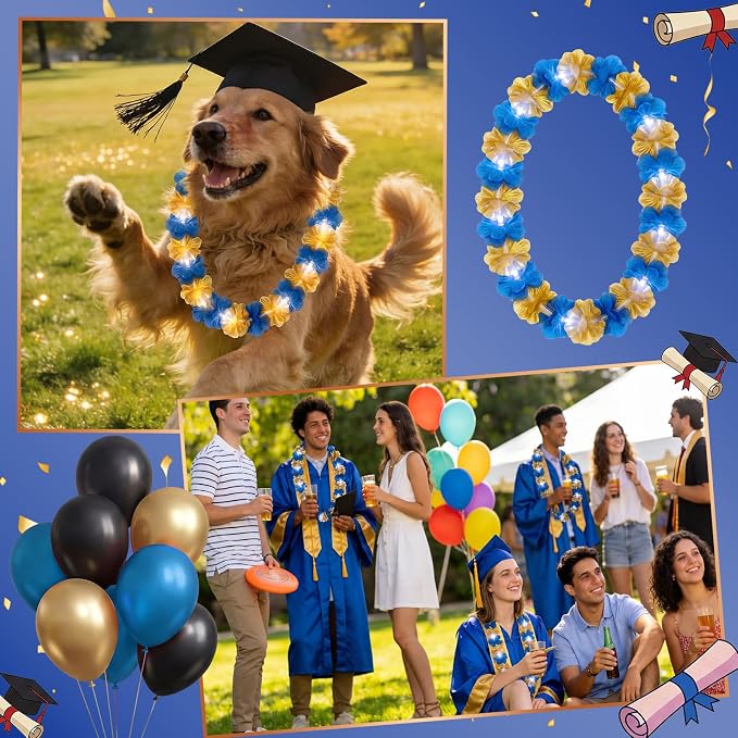 Sherr 48 Pcs Graduation LED Hawaiian Leis Class of 2026 Light Up Flower Leis Necklace with LED Lights Gold Blue Luau Flowers Necklaces for Graduation Party Decoration Supplies