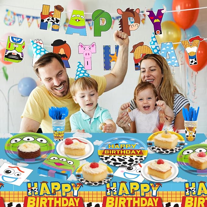 182pcs Toy Theme Party Supplies Include Cloud Plates Napkins Cups Banner Tablecloth Disposable Paper Tableware Set for Toy Birthday Party Decorations,Serve 30 Guests