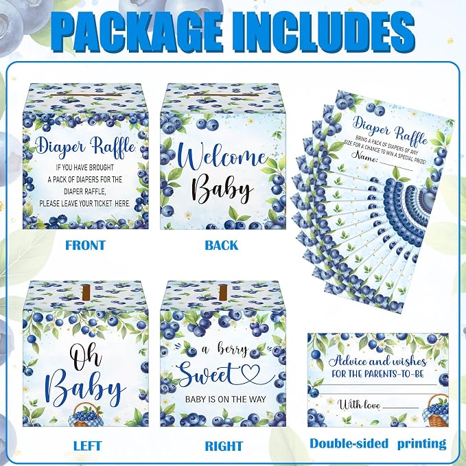 Teling 51 Pieces Diaper Raffle Tickets with Card Box Baby Shower Decorations Gender Reveal Holder Box for Girl Boy Diaper Raffle Party(A Berry Sweet Baby is on the Way)