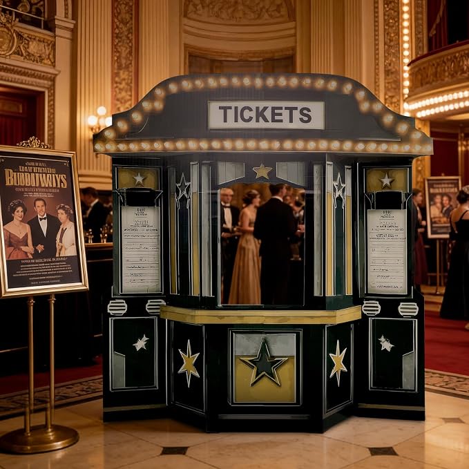 Threehoney 5.3 ft Movie Awards Night Party Decoration 3D Movie Theater Ticket Booth Cardboard Cutout Stand up Premiere Party Decorations Theater Ticket Booth Photo Backdrop for Awards Theme Decoration