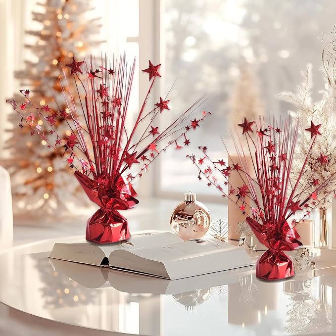12 Pack Metallic Red Foil Spray Centerpieces Stars Brust Table Centerpieces for Wedding Birthday Anniversary Holiday Party Decor, Metallic Star Balloon Wights for Party, Table Decor for Party