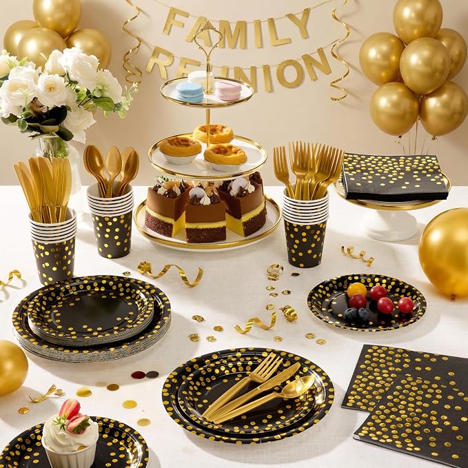 Goodlluck 175PCS Black Gold Foil Polka Dot Disposable Party Tableware Set, 25 Guests | 9" & 7" Golden Dot Disposable Paper Plates, 9oz Cups, Napkins & Gold Cutlery for Birthday, Glam Events