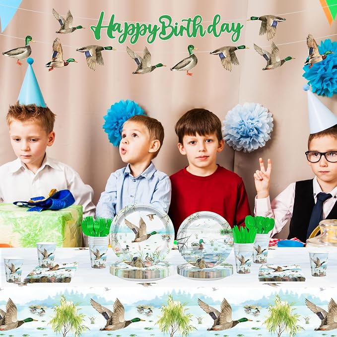 171pcs Mallard Duck Party Supplies Mallard Duck Party Plates Napkins Tableware Set Disposable Paper Cups Green Forks Tablecloth and Banner Duck Hunting Birthday Party Decorations Serves 24