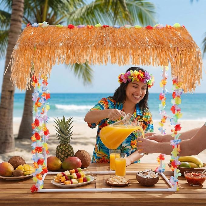 8 Pcs Tiki Bar Stand Supplies Tiki Hut Decorations Hawaii Luau Party Decorations with 1 Set White Plastic Stand 1 Thatch 2 Monstera Leaf Banners 4 Tinsel for Summer Party Supplies Outside Patio