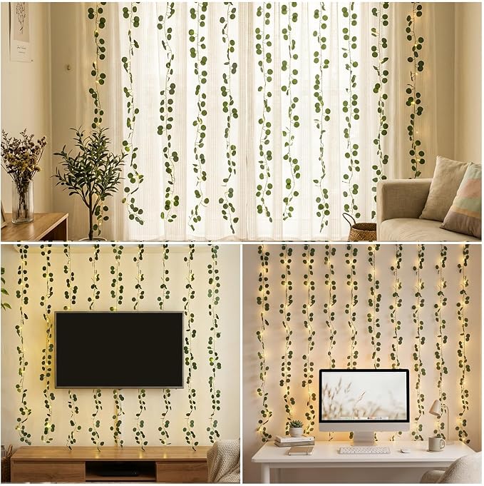 Bexdir 200 LED Curtain Vine Lights for Bedroom Decoration, 6.6x6.6ft Pre-Assembled Hanging Fake Vines with Fairy Lights USB Powered, Aesthetic Artificial Eucalyptus Lights for Room Wall Decor