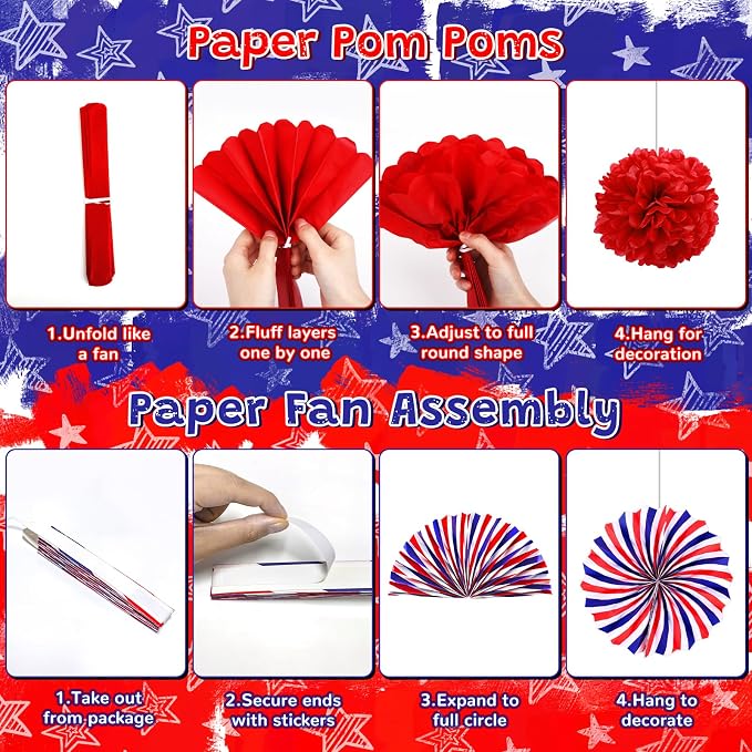 34PCS 4th/Fourth of July USA 250th Anniversary Decorations Set, Red White Blue Patriotic Decorations, Love USA Banner American Flag Pom Poms Decor for Memorial Day Independence Day