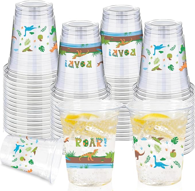 100 Pcs Dinosaur Cups, 12oz Dinosaur Plastic Clear Disposable Drinking Cups Dino Theme Tumbler for Dino Birthday Party Supplies Decorations